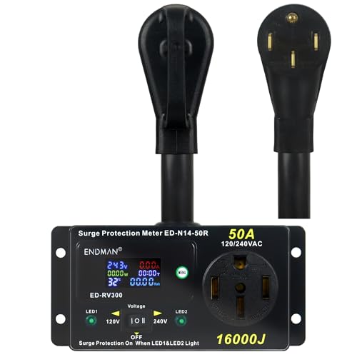 ENDMAN RV 50 Amp Surge Protector AC Power Meter,16000Joules 240V NEMA 14-50P LCD Dispaly KWH,Voltage Monitor with LED Display,10AWG Cable