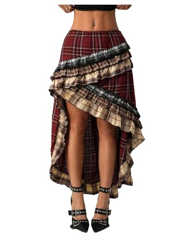 Verdusa Women's Tartan Plaid Maxi Skirt Layered Ruffle Asymmetrical Long Skirts