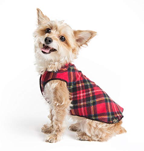 Gold Paw Stretch Fleece Dog Coat – Soft, Warm Dog Clothes, Stretchy Pet Sweater – Machine Washable, Eco Friendly – All Season – Sizes 2-33, Red Classic Plaid, Size 12