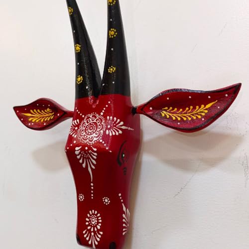 Image of SHREE 'O' GREEN TECH Handcrafted Red Cow Head Wall Decor Wooden Animal Face Art for Home Entrance, Living Room, Pooja Room Tribal Ethnic Wall Hanging for Modern and Traditional Interiors