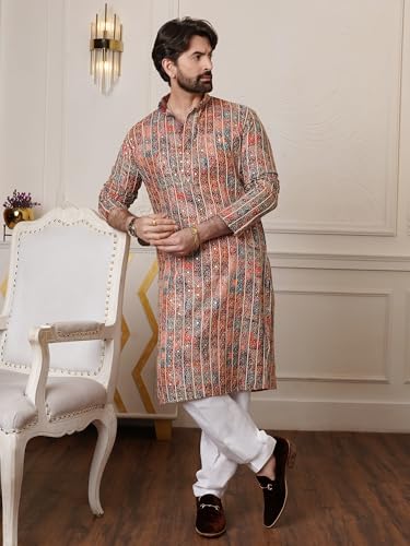 Image of SOJANYA (Since 1958 Men's Cotton Gold Thread Embroidered Long Kurta