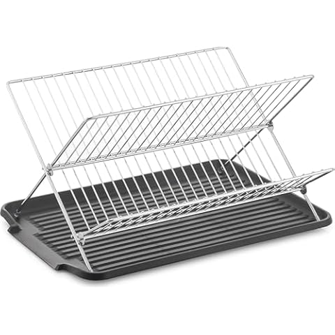 Dish Drying Rack with Drip Tray, 2-Tier Foldable Dish Drainer Rack, Collapsible Dish Rack with Cup Hooks for Kitchen Sink, Countertop, Plate, Cutlery, Dishes, Black Cover