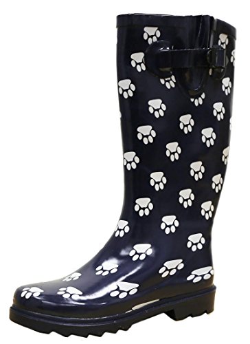 Cambridge Select Women's Pattern Print Colorful Waterproof Welly Rain Boots,9 M US,Blue/White Paw