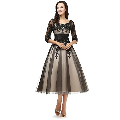 Kivary? Women's Tulle Champagne And Black A Line Tea Length Sheer Long Sleeves Prom Evening Dresses Us 14 #TOP1