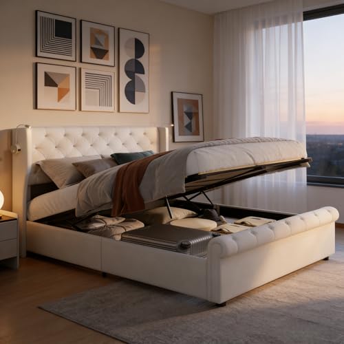 BRILVERDE Lit Coffre 140x190 cm avec Lampe de Lecture et Ports USB, Lit Rembourré Velours Beige avec Espace de Rangement et Sommier à Lattes, Idéal pour...