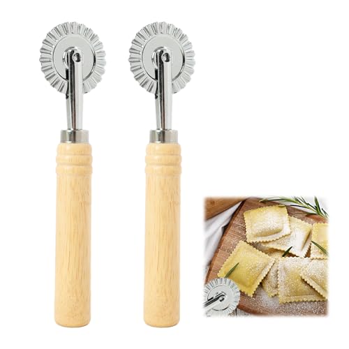 2 Pièces Roue Coupe-Pâtes Cannelée en Alliage de Zinc avec Long Manche en Bois, Roulette Coupe-Pizza et Raviolis pour Pâtes Fraîches, Biscuits, Gâteaux...