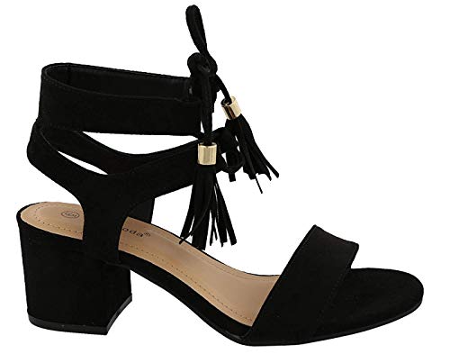 Top Moda Women's Tassel Stacked Block Heel Gladiator Sandal (Black, Numeric_7_Point_5) #TOP1