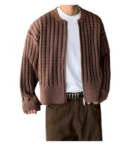 Men's Twist Crochet Knit Cardigan Sweater Fall Winter Casual Zip Up Front Crew Neck Slim Fit Outerwear