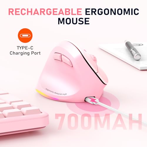 Image of MEETION Left-Handed Ergonomic Mouse, Vertical RGB Wireless Design, Pink | Comfortable vertical grip for left-handed users, rechargeable battery, Bluetooth 5.2 /3.0, USB-A receiver, 4 DPI settings