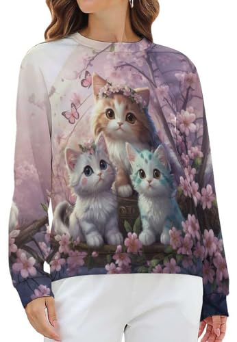 WINKEEY Damen Sweatshirt mit Katzenmuster Katze Langarmshirt Süße Tier Drucken Sweatshirt Damen Ohne Kapuze Lustige Pullover,Katze9 XL