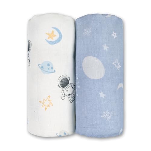 Image of GLLQUEN BABY Muslin Swaddle Blankets Breathable Receiving Blankets (35 inch x 40 inch) 2-Pack Soft Baby Blankets for Girls and Boys Newborn Essentials Muslin Burp Cloths Swaddle Wrap Baby Gift(Astronaut)
