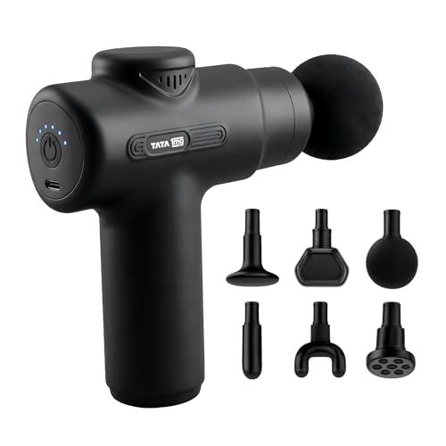 Image of Tata 1mg Long Handle Gun Massager | Deep Tissue Percussion Body Massager with 6 Heads | 6 Speed Levels | 2000 mAh Battery | Cordless & Lightweight | For Muscle Pain Relief & Recovery