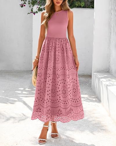 Image of dowerme Women Summer Dresses 2026 Casual Sleeveless Crewneck A-Line Boho Lace Eyelet Cotton Tank Maxi Dress with Pockets