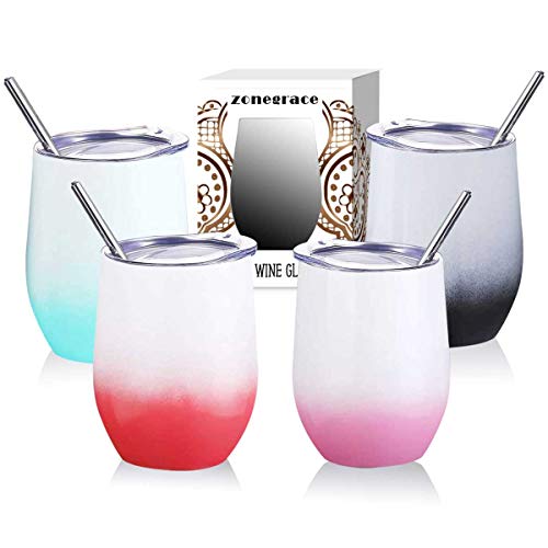 Zonegrace 4 pack 12 oz Stainless Steel Stemless Wine Glass Tumbler Double Wall Vacuum Insulated Wine Tumbler different color with Lids Set of 4 for Coffee, Wine, Cocktails, Ice Cream