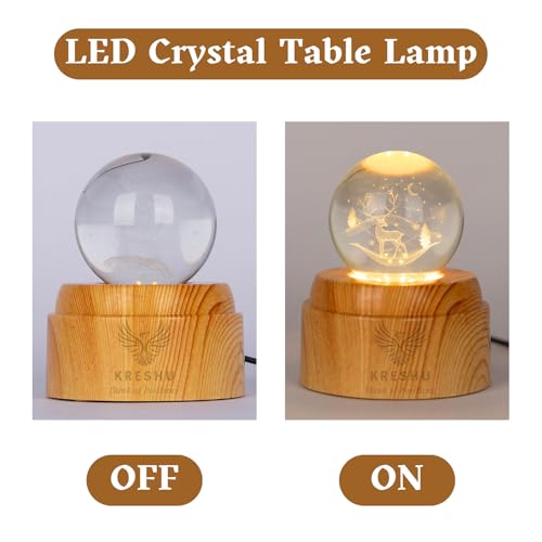 Image of KRESHU Deer 3D Crystal Rotating Glass Ball Dimmable Warm LED Light Wooden Stand Luminous USB Cable Decoration Night Lights for Art Home Decoration Birthday Gift (Pack of 1)