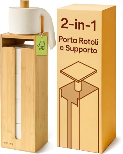 Praknu Porta Carta Igienica Da Terra In Legno Bambù - Porta Rotolo per 4 Rotoli De Carta Igienica In Bambù FSC con Coperchio Magnetico - Salvaspazio - Antiscivolo
