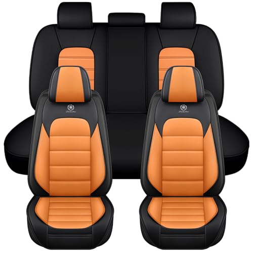 Image of Full Seat Covers for Volkswagen Golf SportWagen 2015-2019, Black-Orange | Leather, waterproof full coverage, non-slip and scratch-resistant, all-seat protection for daily commuting
