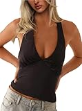 CSDAJIO Sexy Silk Satin Deep V Neck Halter Tops for Women Tie Back Tank Top Going Out Low Cut Backless Shirt Black Large