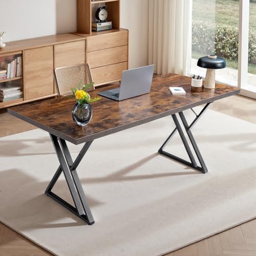 Younhomedge 70.9Inch Office Desk, Executive Office Desk，Modern Industrial Style, Z-Shaped Table Legs, Country Black Wood Grain Top, for Home Office, Study, Conference (Iron Wood)