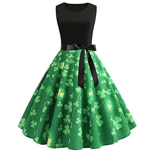 St. Patricks Day Kostüm Damen, Damen Kleid Ärmelloses Abendkleid Kleeblatt Drucken Swing A-Linie Kleider Retro Cocktailkleid Damen Elegant...