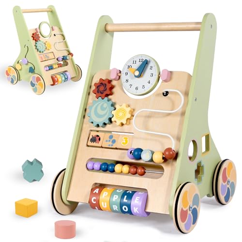 LOL-FUN Wooden Baby Walker for Toddlers 12 Months 10in1 Push Along Walker Toys Multifunctional Activity Center for 1 Year Old Boys Girls Gift