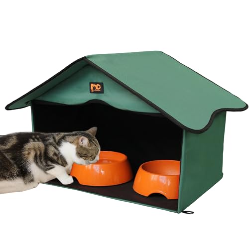 Outdoor Cat House, Waterproof Pet Shelter/Dining Room, for Feral/Community Cats (Green1) L Green1