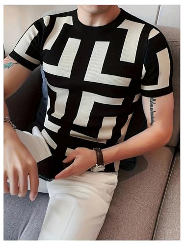 Verdusa Men's Colorblock Geo Lightweight Sweaters Short Sleeve Slim Fit Pullover Knit Tops4