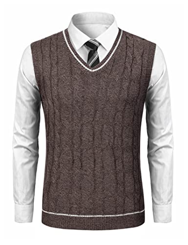TURETRENDY Men's V Neck Sweater Vest Casual Cable Knit Slim Fit Sleeveless Pullover Sweater with Ribbing Edge