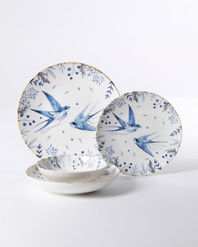 Vajilla elegante de 24 piezas, 100% porcelana, color blanco/azul/negro, incluye platos, cuencos y platos de postre, apto para lavavajillas y microondas