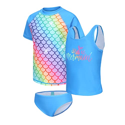 Image of Girls 3 Piece Rash Guard Swimsuits Set for Girls Short Sleeve Bathing Suits Hawaiian Swim Set 3-16 Years