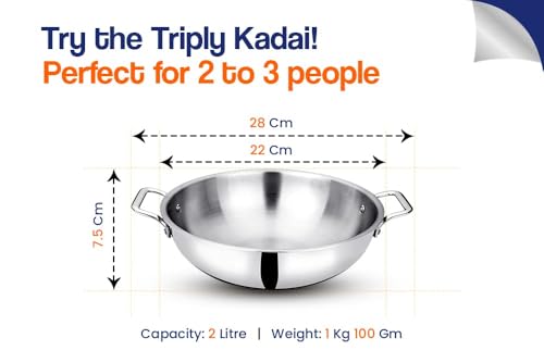 Image of Bhalaria Triply Stainless Steel Kadhai 22cm 2 Litre | Induction Base Deep Fry Pan | Food Grade Heavy Gauge 3 Layer Body | Gas Compatible Cooking Wok for Sabzi & Curry | Dishwasher Safe