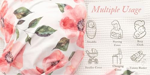 Image of Newborn Floral Print Blanket Baby Stretch Wrap Swaddle Receiving Blanket with Matching Headband and Name Card (Pink and Red)