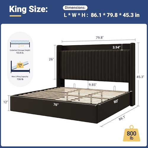 Image of Allewie King Size Lift Up Storage Bed Frame,Storage Shelf Headboard with Charging Station,Type-C and USB Ports,Hydraulic Support,Velvet Upholstered Bed Frame,No Box Spring Needed,Black