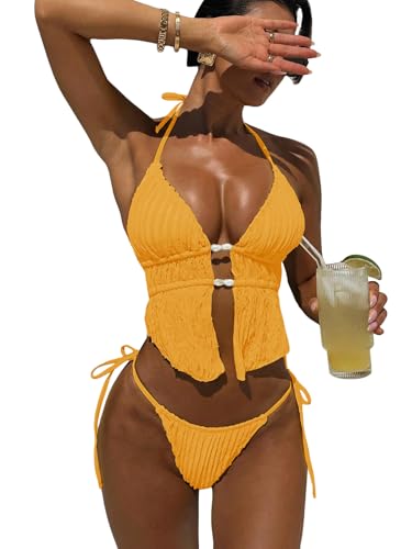 Image of RoseSeek Women's 2 Piece Boho Polka Dots Beaded Bikini Sets Sexy Swimsuits | Halter Swimsuits, Backless, Textured, Tie Side, Tankini Set, Bathing Suits, Summer, Vacation