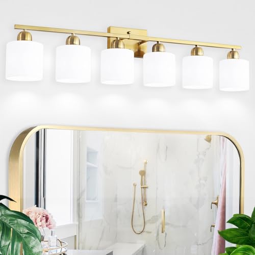 Image of 6 Light Gold Bathroom Vanity Light for Large Mirror, Gold Vanity Lights for Bathroom with Milky White Frosted Glass Shades, 38 inch Wall Lamp for Mirrors Living Room E26 Base