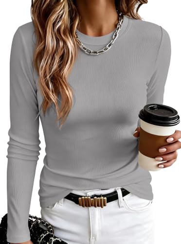 Womens Ribbed Long Sleeve Shirts Tops Fitted Tshirts Basic Slim Fit Tight Tee Shirt Fall Going Out Top Fall 2025 Grey - image 1
