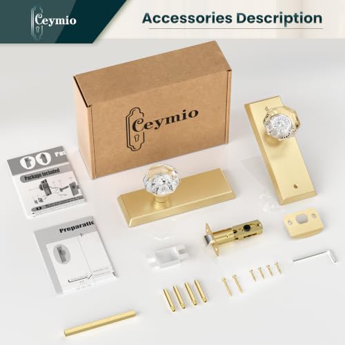 Image of Antique Crystal Privacy Door Knobs Interior with Lock, Brushed Gold