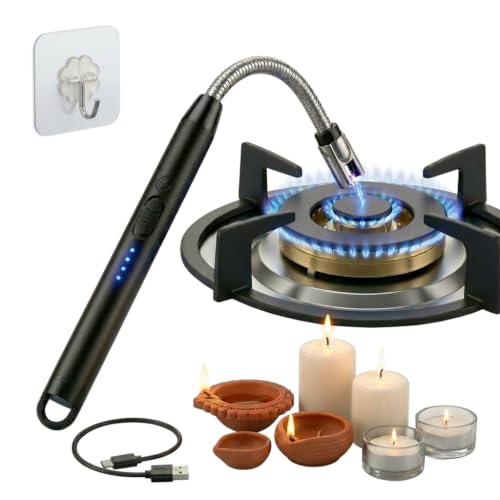 Image of Electric Gas Lighter | C-Type Charge, LED Battery Display, 360 Flexible & Windproof | Gas Stove, Candles, Pooja, Kitchen | Free Adhesive Hook (Assorted Colour)
