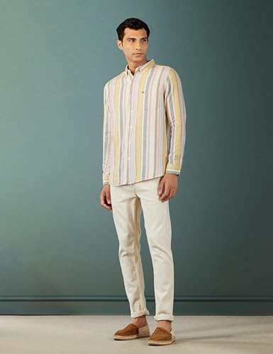 Image of THE BEAR HOUSE Men's Striped Slim Fit Cotton Linen Casual Shirt | Multicolour | TBH-IDET-MC