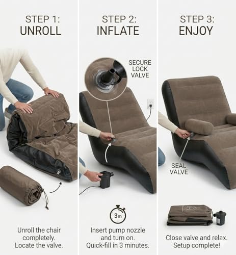 Image of Inflatable Bean Bag Chair for Adults & Kids - Soft Flocked Air Sofa Lounge Seat, Portable Lazy Couch for Living Room, Bedroom Floor Chair (Purple) (S Shape)