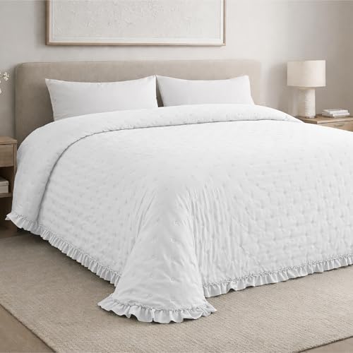 Liniva Home - Colcha Bouti Lavada Termosellada con Volante, SIN Cojines, Ligera para Verano y Entretiempo, 100% Microfibra, Tacto Extra Suave - Modelo Círculos Alina (Alina - Blanco, Cama 180cm)