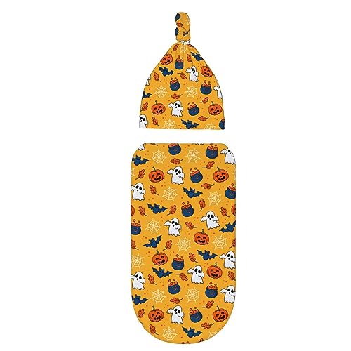 Image of Halloween Newborn Swaddle Blanket with Hat Sets Newborn Receiving Blanket for Boy Girl Swaddle Sack Shower Infant Gift