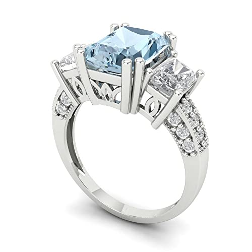 4.27 tcw Emerald Cut Engagement Ring for Women, Natural Sky Blue Topaz 3-Stone Anniversary Promise Ring for Her in 18K White Gold, Bridal Art Deco Gift2