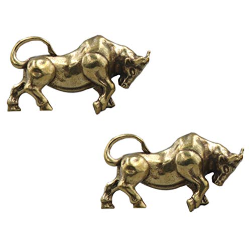Besportble Brass Bull Figurine Mini Copper Cow Ox Statue Sculpture Pendant Charm Wall Street Bull Statue Decor Animal Cake Topper Feng Shui Home Decor For Fortune Wealth Success 2Pcs #TOP16