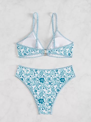 Image of Fanuerg Women's Triangle Bikini Sets O Ring Linked Two Piece Swimsuits Floral Printed Cheeky Bathing Suit