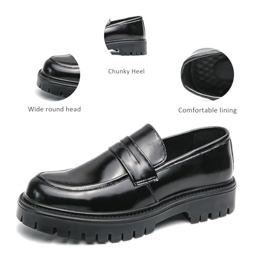 Men's Leather Platform Slip-On Loafers Classic Round Toe Chunky Heel Comfortable Anti-Slip Lug Sole Slip-On Penny Loafers for Wedding Business Dressy Driving Casual4