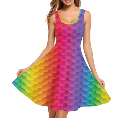 TOADDITDO Rainbow Mermaid Scale Print Women Summer Sleeveless Tank Dress with 2 Side Pockets High Stretchy Lightweight Vest Pleated Sundress