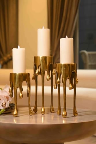 Image of ZOVE Luxurious Gold Drip Design Aluminium Metal Candle Holder Set (Set of 3) - Modern Decorative Stand for Pillar Candles | Home, Living Room & Table Decor