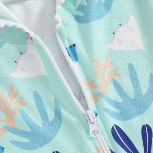 Image of Girls Hooded Terry Coverups Zip Up One Piece Swimsuits Sea Animals Print Short Sleeve Ruffle Swim Cover Up Swimwear (Green, 1-2T)