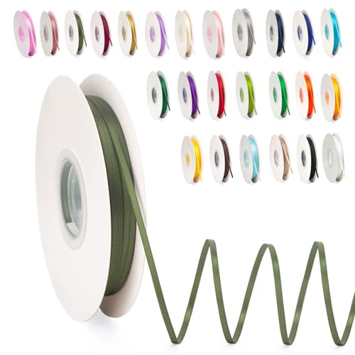POPOYU Thin Ribbon Satin Ribbon 3mmx91m, Army Green Curling Ribbons for Crafting Gift Wrapping